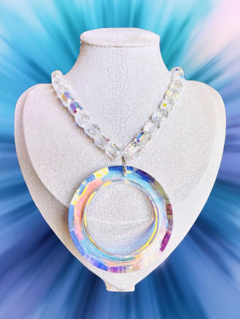 One-of-a-kind Multicolor Iridescent Ring Pendant Necklace - Clear Bead Chain
